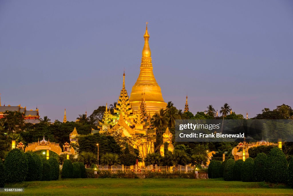The golden Shwedagon pagoda, the most sacred pagoda of...