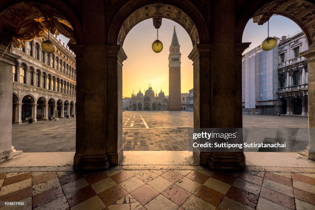 Night view of san macro square in Early morning in Venice without people , Venice is most popular travel destination in Europe .