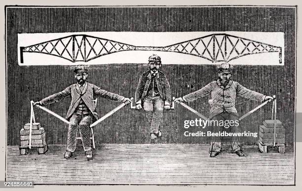 three men demonstrating suspension bridge - firth of forth rail bridge stock illustrations