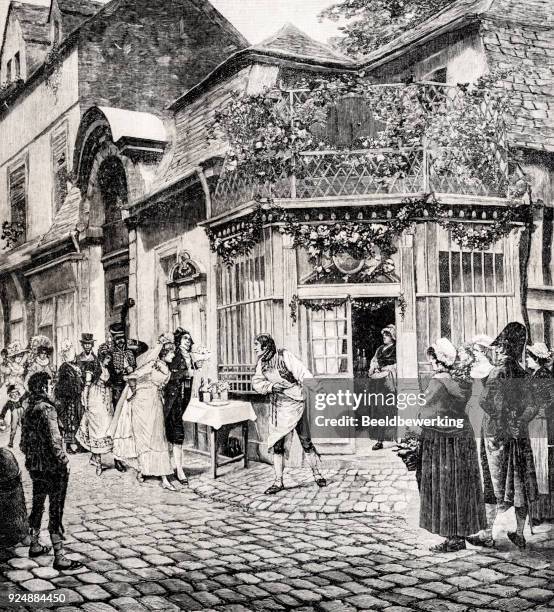 engraving marriage celebration in the street - cobblestone stock illustrations
