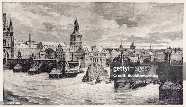 flood austria and collapse karl bridge - bridge collapse stock illustrations