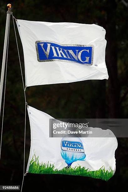 The Viking Classic flags blow in the wind after first round play was postponed in the Viking Classic at the Annandale Golf Club on October 29, 2009...