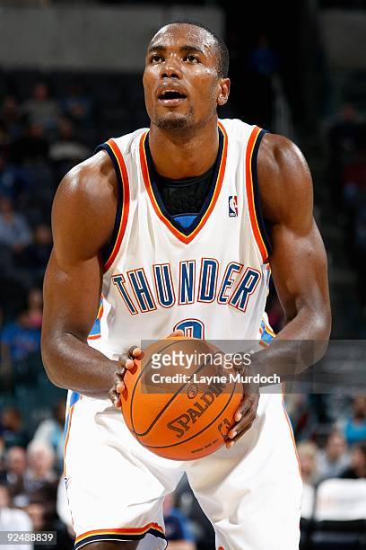 Serge Ibaka of the Oklahoma City Thunder shoots a free throw during the preseason game against the Sacramento Kings on October 22, 2009 at the Ford...