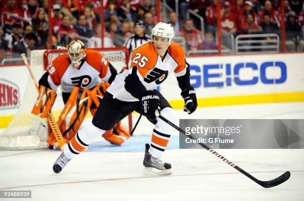 Matt Carle of the Philadelphia Flyers skates down the ice against the Washington Capitals at the Verizon Center on October 27, 2009 in Washington, DC.
