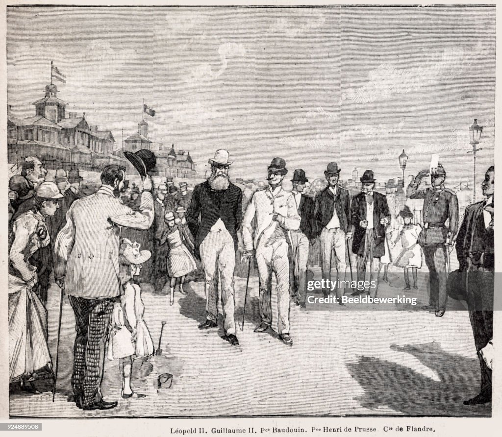 Engraving Leopold II of Belgium and Emperor Guillaume II of France in Ostend Beach