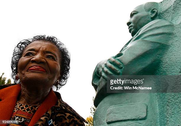 Christina King Ferris, sister of Martin Luther King Jr., stands next to a model of the Martin Luther King Jr. Memorial while attending a ceremony...