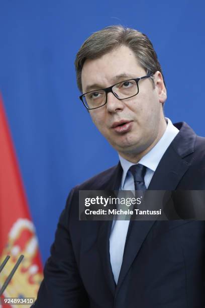 Serbian President Aleksandar Vucic speaks during joint press conference with German Chancellor in the German chancellory on February 27, 2018 in...