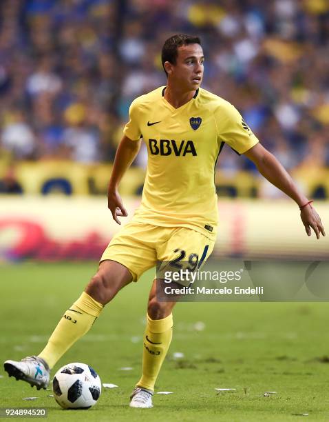 Leonardo Jara of Boca Juniors drives the ball during a match between Boca Juniors and San Martin de San Juan as part of the Superliga 2017/18 at...