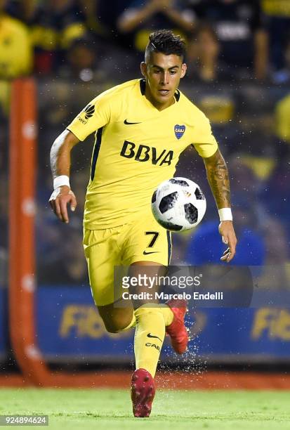 Cristian Pavon of Boca Juniors drives the ball during a match between Boca Juniors and San Martin de San Juan as part of the Superliga 2017/18 at...