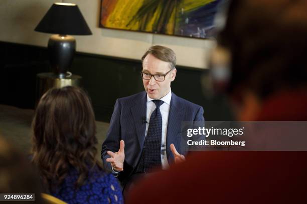 Jens Weidmann, president of the Deutsche Bundesbank, speaks during a Bloomberg Television interview following news conference to announce the German...