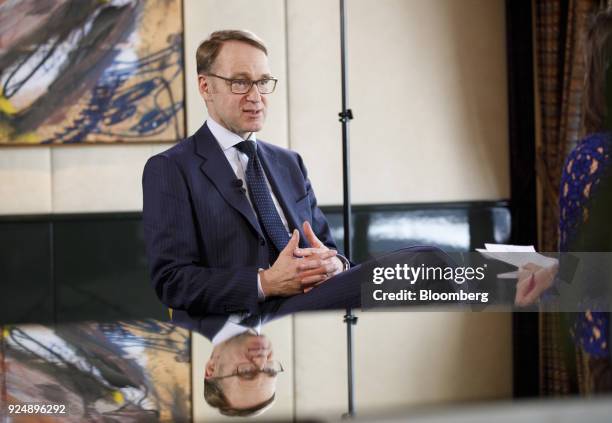 Jens Weidmann, president of the Deutsche Bundesbank, speaks during a Bloomberg Television interview following news conference to announce the German...