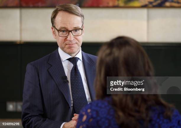Jens Weidmann, president of the Deutsche Bundesbank, pauses during a Bloomberg Television interview following news conference to announce the German...