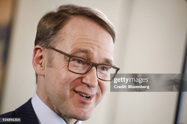 Jens Weidmann, president of the Deutsche Bundesbank, speaks during a Bloomberg Television interview following news conference to announce the German...