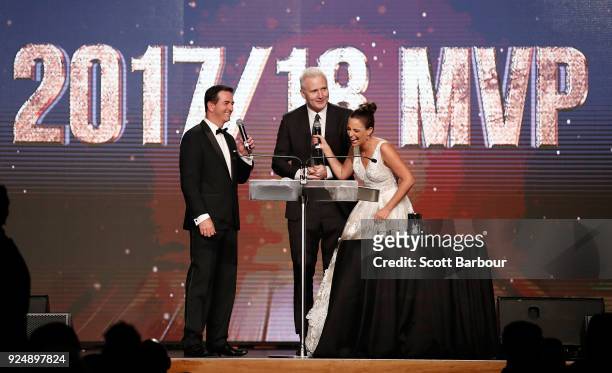 Andrew Gaze speaks on stage to announce the winner of the 2017/18 MVP at the 2018 NBL MVP Awards Night at Crown Palladium on February 27, 2018 in...