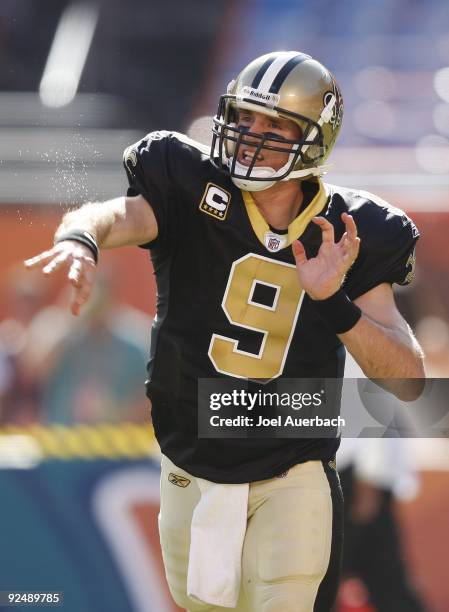 Drew Brees of the New Orleans Saints throws the ball prior to the game against the Miami Dolphins on October 25, 2009 at LandShark Stadium in Miami,...