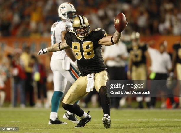 Jeremy Shockey of the New Orleans Saints celebrates after making a long reception against the Miami Dolphins on October 25, 2009 at LandShark Stadium...