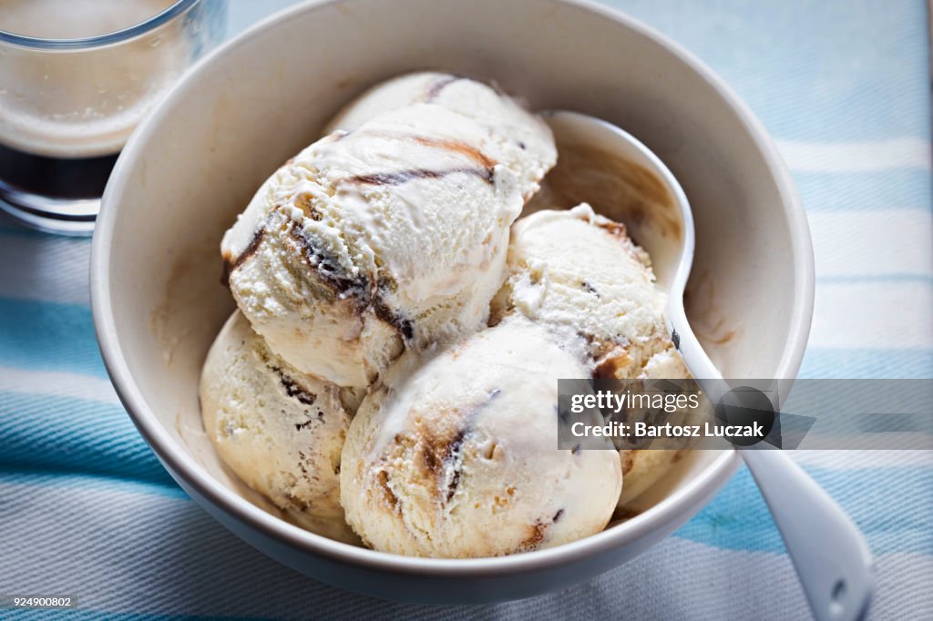 Tiramisu ice cream. Ice cream with coffee, chocolate, sponge cake pieces