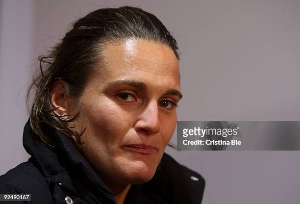 Goalkeeper Nadine Angerer of Germany attends the press conference after the Women's International friendly match between Germany and USA at the...