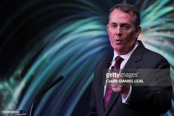 Britain's International Trade Secretary Liam Fox gives a speech on Brexit and trade in London on February 27, 2018. - Fox, a leading advocate of...