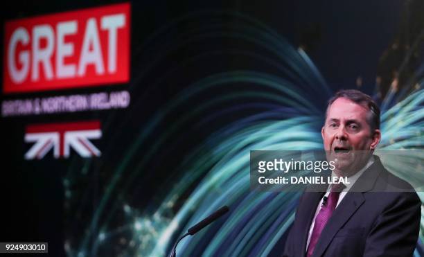 Britain's International Trade Secretary Liam Fox gives a speech on Brexit and trade in London on February 27, 2018. - Fox, a leading advocate of...