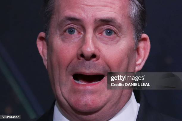 Britain's International Trade Secretary Liam Fox gives a speech on Brexit and trade in London on February 27, 2018. - Fox, a leading advocate of...