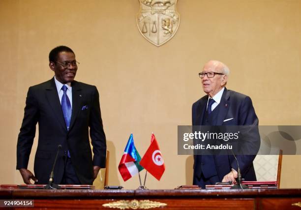 President of Equatorial Guinea, Teodoro Obiang Nguema meets with Tunisian President, Beji Caid el Sebsi at the Carthage Palace in Tunis, Tunisia on...