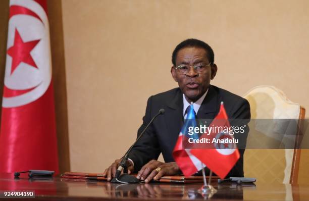 President of Equatorial Guinea, Teodoro Obiang Nguema makes a speech during a meeting with Tunisian President, Beji Caid el Sebsi at the Carthage...