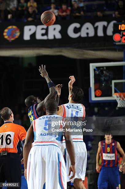 Boniface Ndong, #21 of Regal FC Barcelona competes with Dalibor Bagaric, #14 of Cibona during the Euroleague Basketball Regular Season 2009-2010 Game...