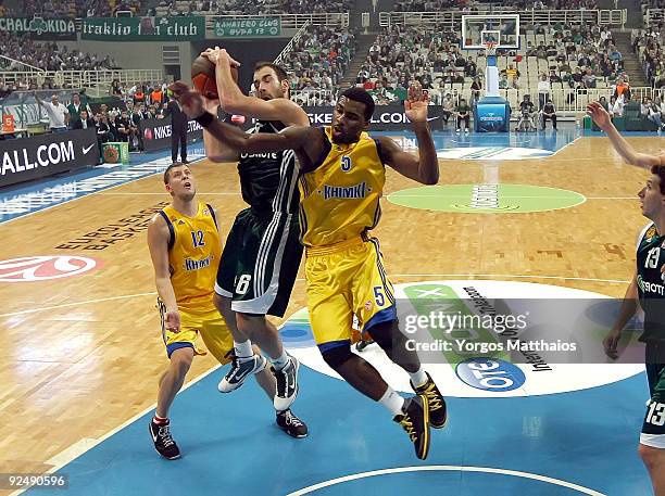 Vassilis Spanoulis, #6 of Panathinaikos competes with Keith Langford, #5 of BC Khimki during the Euroleague Basketball Regular Season 2009-2010 Game...