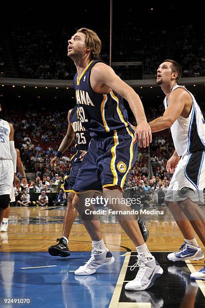 Josh McRoberts of the Indiana Pacers looks up during a pre-season game against the Orlando Magic on October 21, 2009 at Amway Arena in Orlando,...