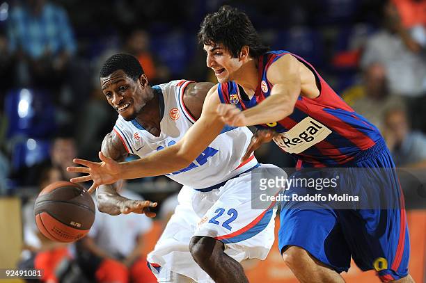 Ricky Rubio, #9 of Regal FC Barcelona competes with Antonio Graves, #22 of Cibona during the Euroleague Basketball Regular Season 2009-2010 Game Day...