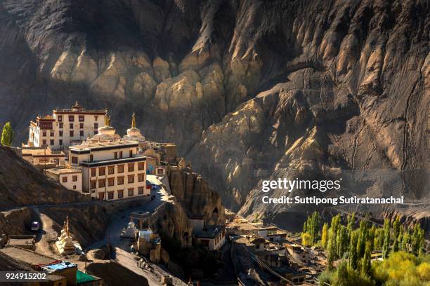 beautiful landscape view of lamayuru temple in leh ladakh on the hill in mountain valley - kashmir landscape stock pictures, royalty-free photos & images