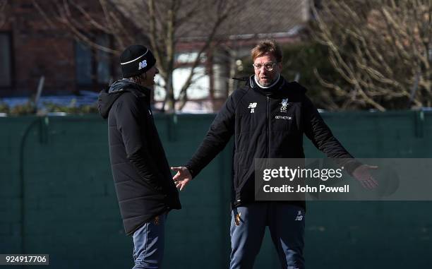 Jurgen Klopp Manager with Zeljko Buvac First assistant coach of Liverpool during a training session at Melwood Training Ground on February 27, 2018...