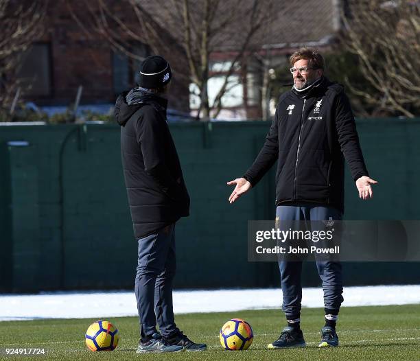 Jurgen Klopp Manager with Zeljko Buvac First assistant coach of Liverpool during a training session at Melwood Training Ground on February 27, 2018...