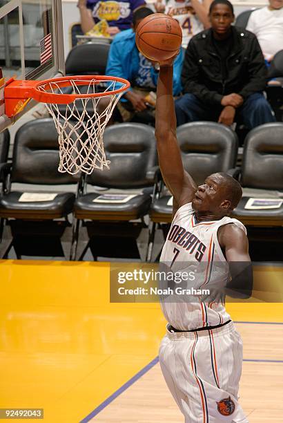 DeSagana Diop of the Charlotte Bobcats goes for the dunk against the Utah Jazz during the preseason game at Staples Center on October 18, 2009 in Los...