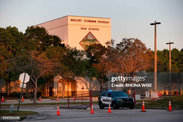 General view of Marjory Stoneman Douglas High School as staff and teachers prepare for the return of students in Parkland, Florida on February 27,...