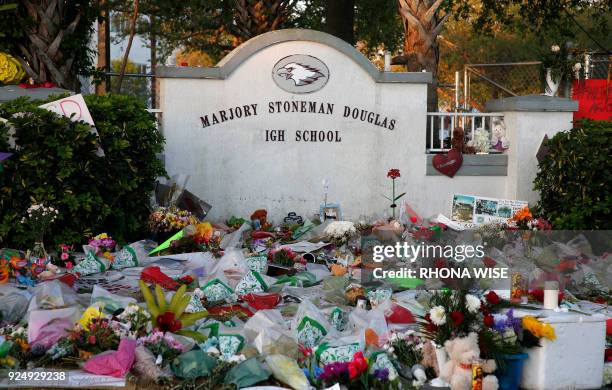 Flowers, candles and mementos sit outside one of the makeshift memorials at Marjory Stoneman Douglas High School in Parkland, Florida on February 27,...