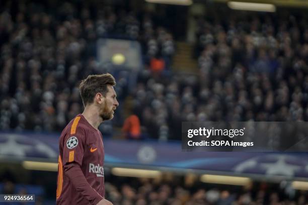 Lionel Messi of FC Barcelona during the UEFA Champions League Round of 16 First Leg match between Chelsea FC and FC Barcelona at Stamford Bridge. .