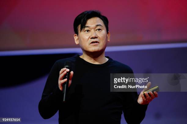 Hiroshi Mikitani, Rakuten Inc. Founder, Chairman and CEO, speaking during The Foundations of the Digital Economy conference, at Mobile World Congress...
