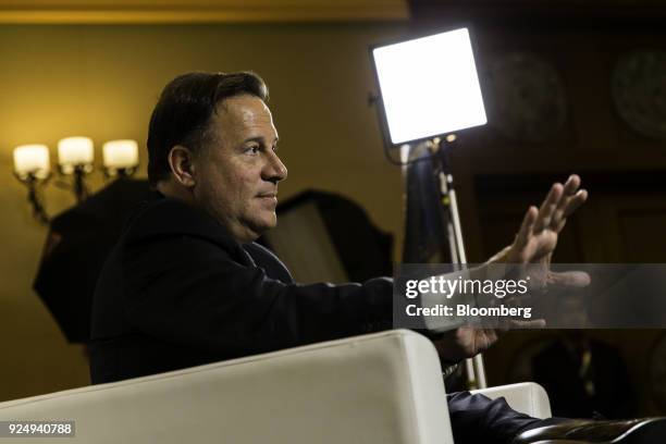 Juan Carlos Varela, Panama's president, gestures during a Bloomberg Television interview at the Global Business Forum Latin America in Dubai, United...