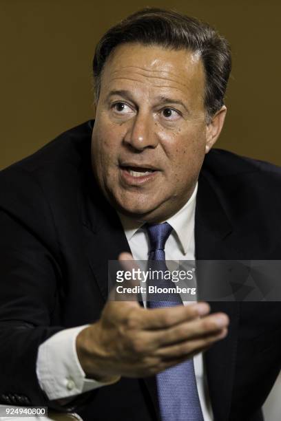 Juan Carlos Varela, Panama's president, gestures as he speaks during a Bloomberg Television interview at the Global Business Forum Latin America in...