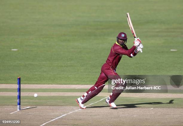 Marlon Samuels of The West Indies hits out during The ICC Cricket World Cup Qualifier Warm Up match between Afghanistan and The West Indies at The...