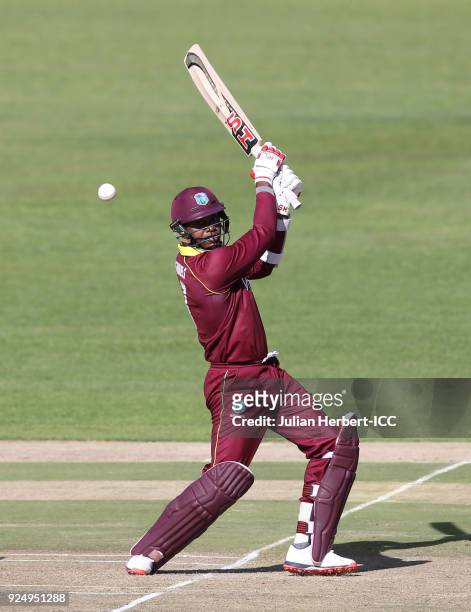 Marlon Samuels of The West Indies hits out during The ICC Cricket World Cup Qualifier Warm Up match between Afghanistan and The West Indies at The...