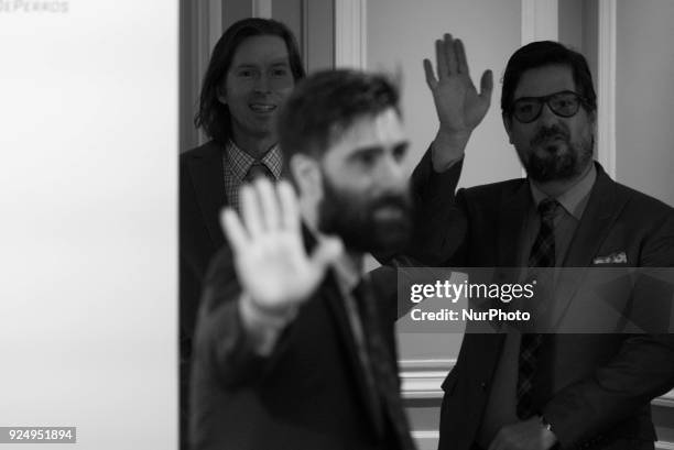 Roman Coppola, Wes Anderson and Jason Schwartzman attends the 'Isle of Dogs' movie at Villamagna Hotel in Madrid on Feb 27, 2018