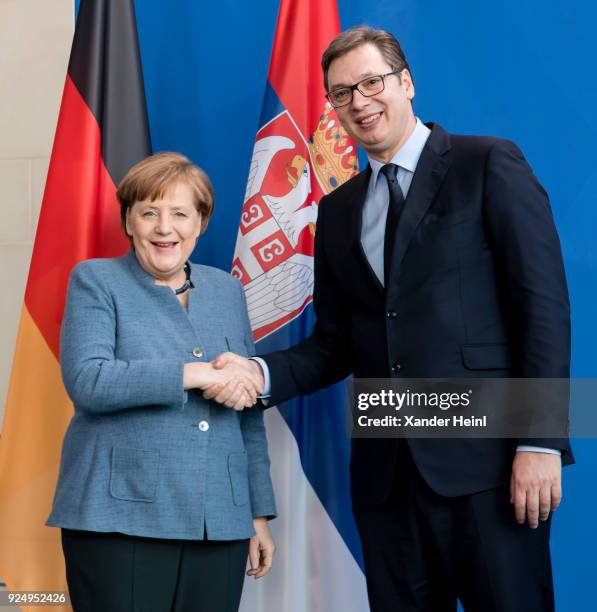 German Chancellor and leader of the German Christian Democrats Angela Merkel and Serbias Prime Minister Aleksandar Vucic at a press conference at the...