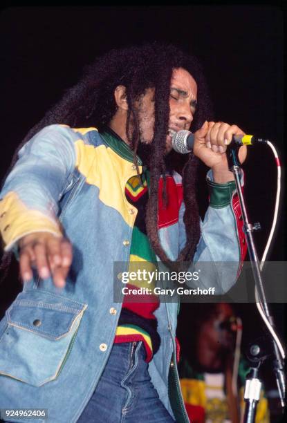 Jamaican Reggae musician Bob Marley leads his band the Wailers during a performance in the 'Uprising' tour at Madison Square Garden , New York, New...