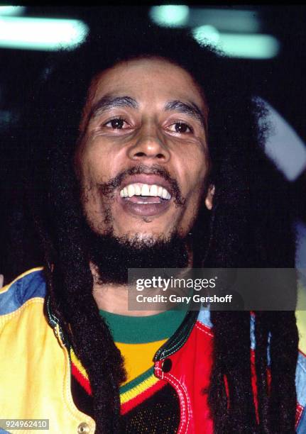 Jamaican Reggae musician Bob Marley leads his band the Wailers during a performance in the 'Uprising' tour at Madison Square Garden , New York, New...