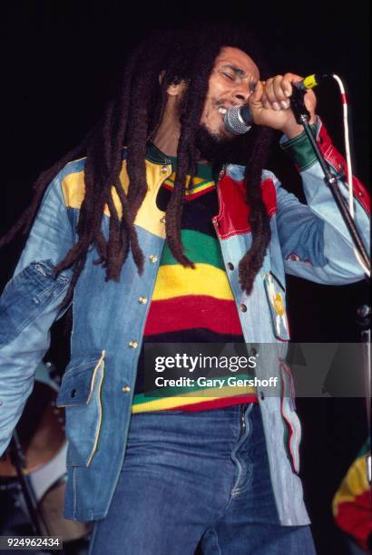 Jamaican Reggae musician Bob Marley leads his band the Wailers during a performance in the 'Uprising' tour at Madison Square Garden , New York, New...