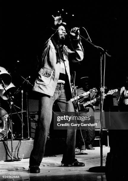 Jamaican Reggae musician Bob Marley leads his band the Wailers during a performance in the 'Uprising' tour at Madison Square Garden , New York, New...