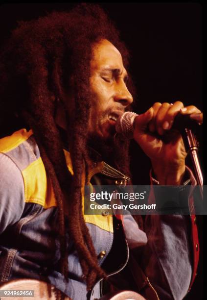 Jamaican Reggae musician Bob Marley leads his band the Wailers during a performance in the 'Uprising' tour at Madison Square Garden , New York, New...